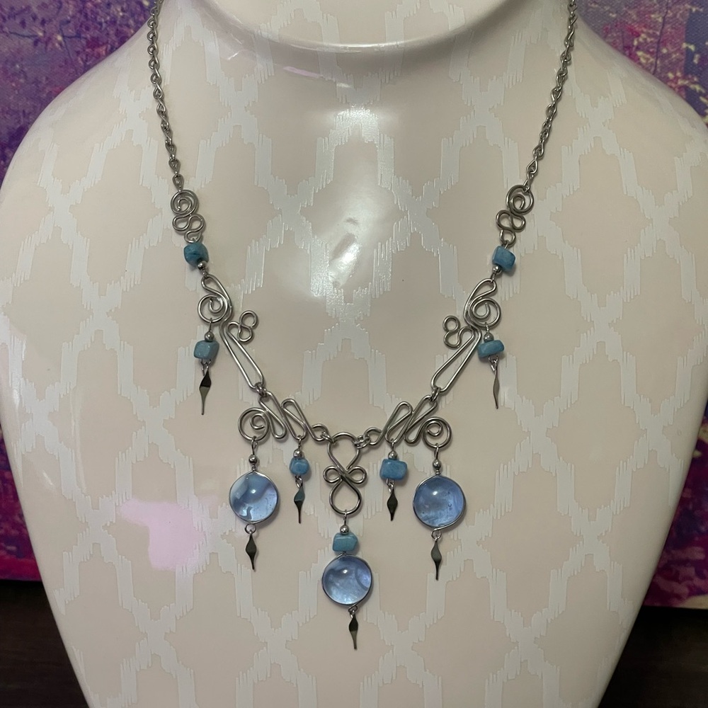 Silver and Blue Gemstone Pendant‎ Necklace - Handmade in Thailand